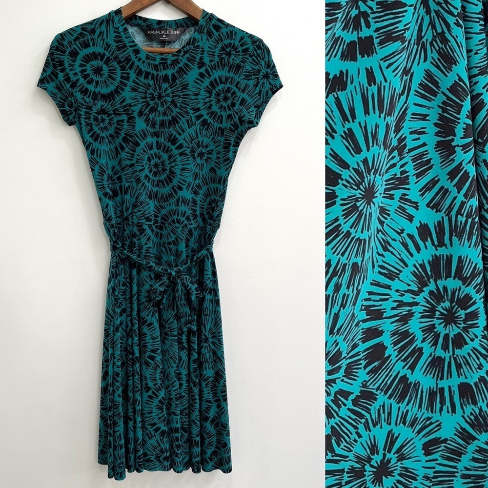 Norma Kamali Kamalikulture green black geometric fit-n-flare dress jersey XS